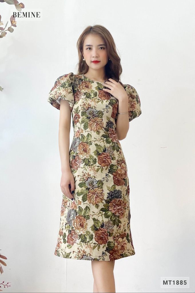 MT1885NAU -Đầm tay bồng bút chì sẻ tà