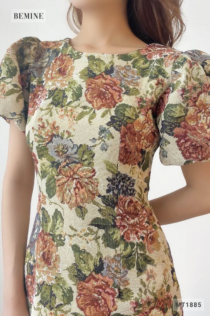 MT1885NAU -Đầm tay bồng bút chì sẻ tà