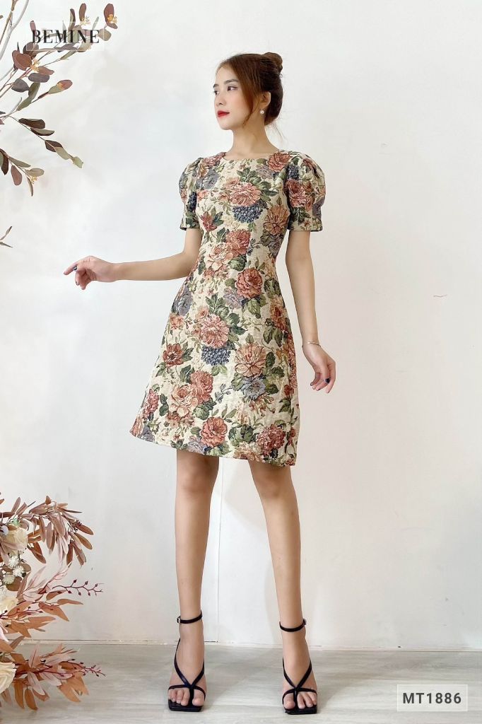 MT1886NAU - Đầm thanh lịch tay bồng ly eo
