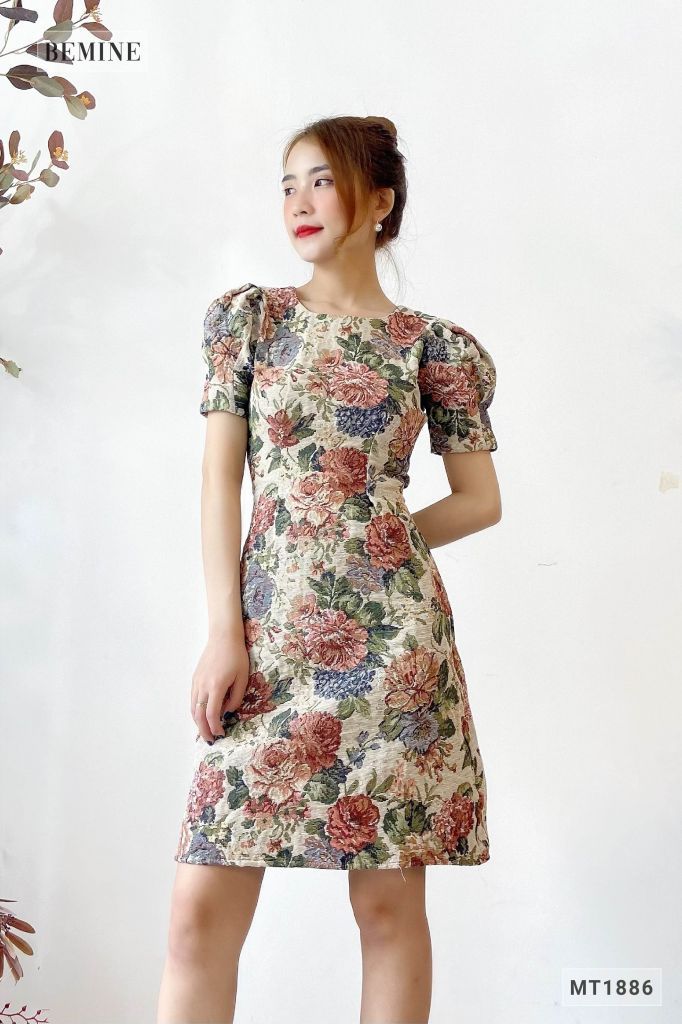 MT1886NAU - Đầm thanh lịch tay bồng ly eo