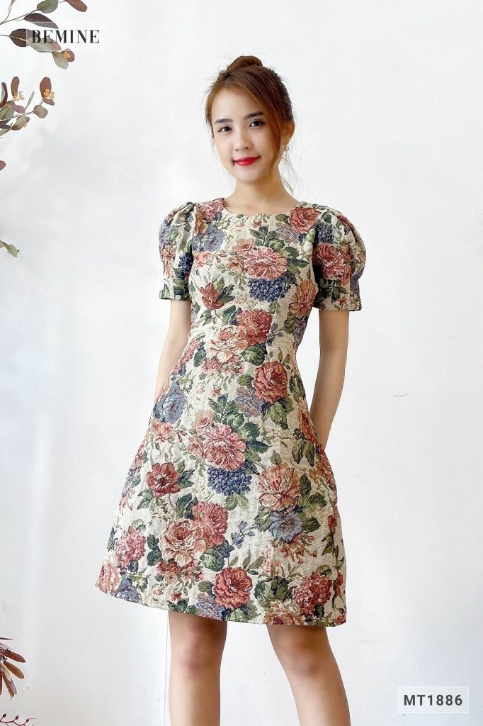 MT1886NAU - Đầm thanh lịch tay bồng ly eo