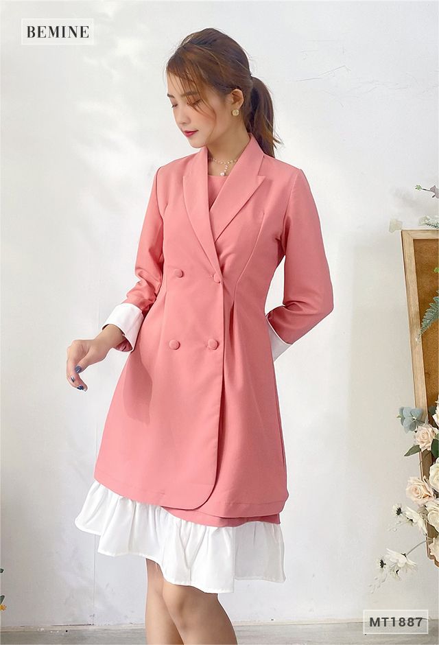 MT1887HONG - Đầm phối trắng + áo khoác 4 nút