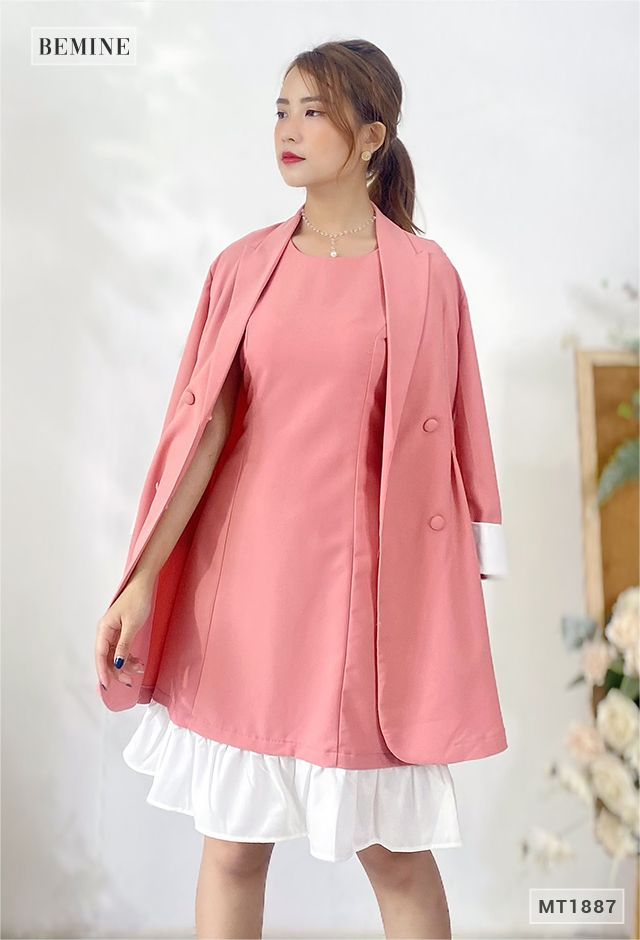 MT1887HONG - Đầm phối trắng + áo khoác 4 nút