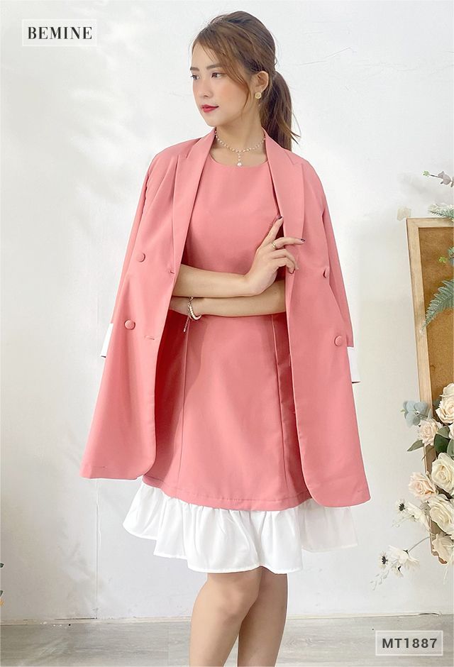MT1887HONG - Đầm phối trắng + áo khoác 4 nút