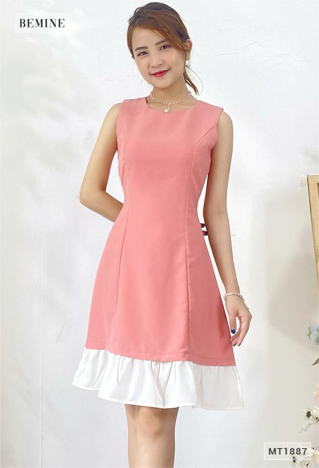 MT1887HONG - Đầm phối trắng + áo khoác 4 nút