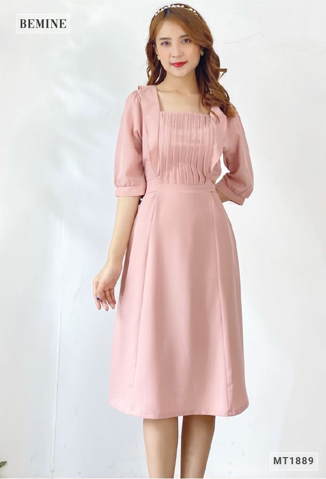 MT1889HONG - Đầm xếp ly ngực cột eo