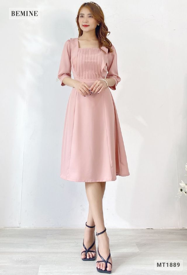 MT1889HONG - Đầm xếp ly ngực cột eo