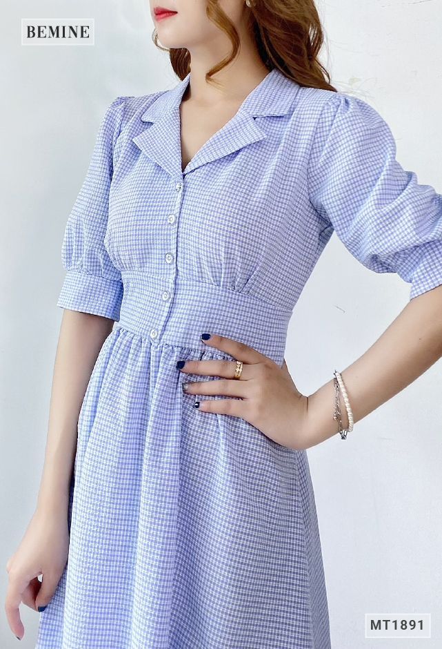 MT1891XANH - Đầm caro cổ vest nút ngực