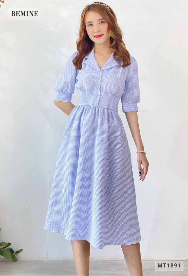 MT1891XANH - Đầm caro cổ vest nút ngực