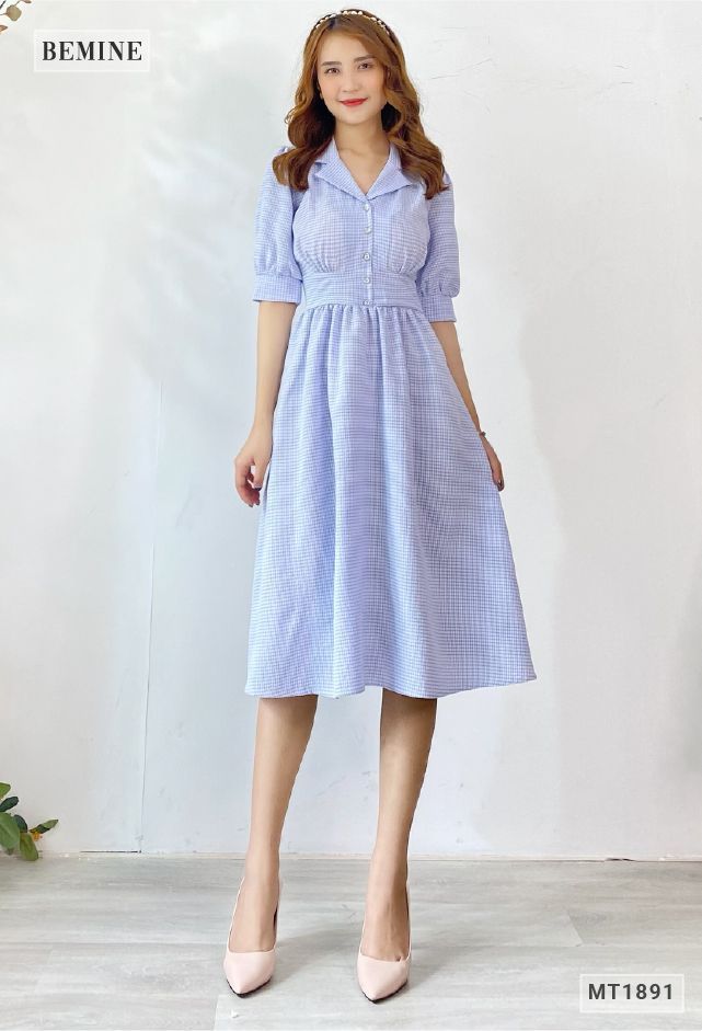 MT1891XANH - Đầm caro cổ vest nút ngực