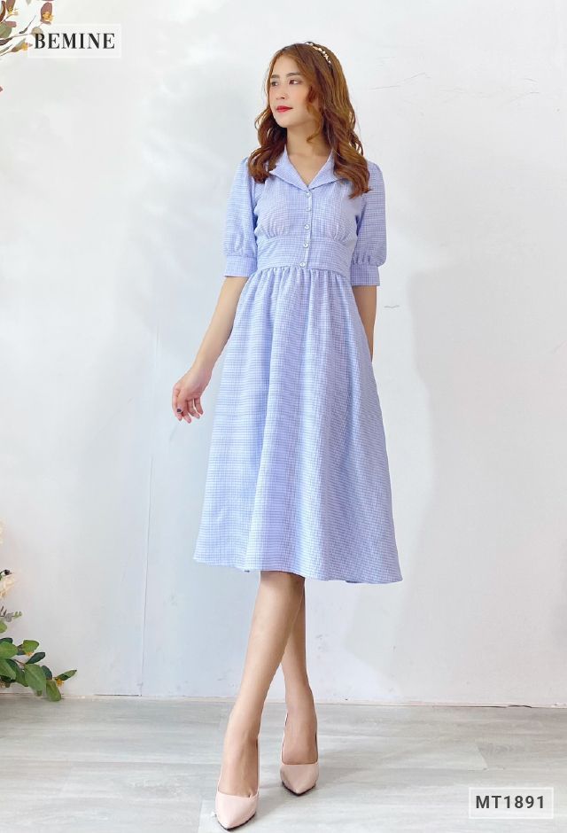 MT1891XANH - Đầm caro cổ vest nút ngực