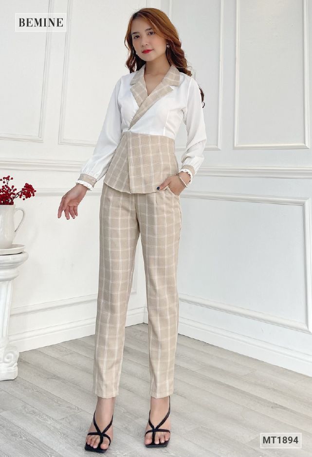 MT1894NAU - Sét vest dài phối caro