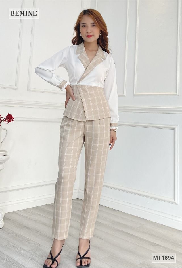 MT1894NAU - Sét vest dài phối caro