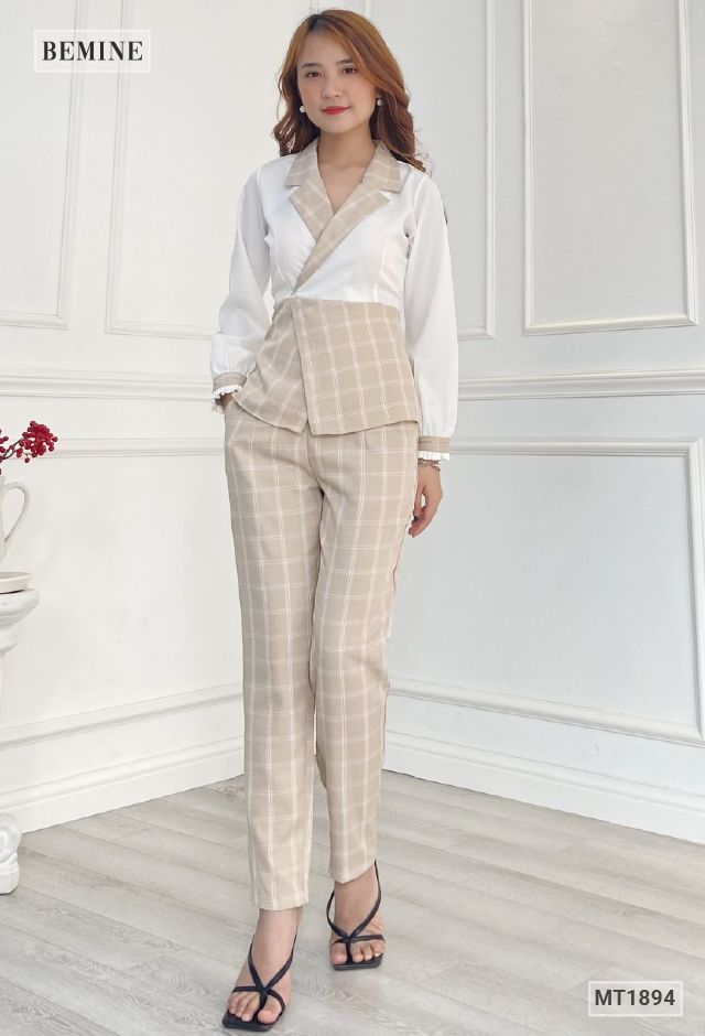 MT1894NAU - Sét vest dài phối caro