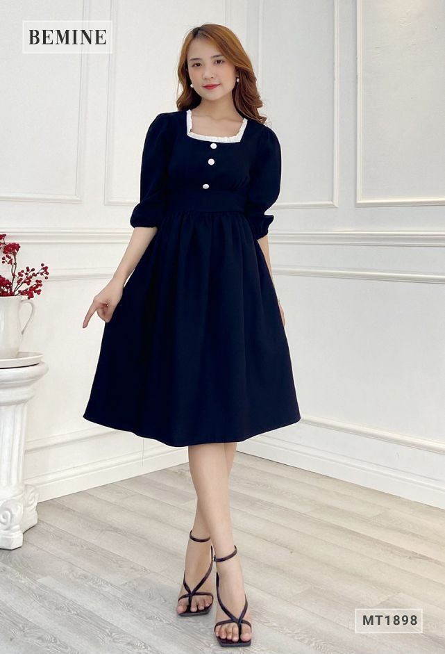 MT1898XANHĐEN - Đầm công chúa phối cổ bèo