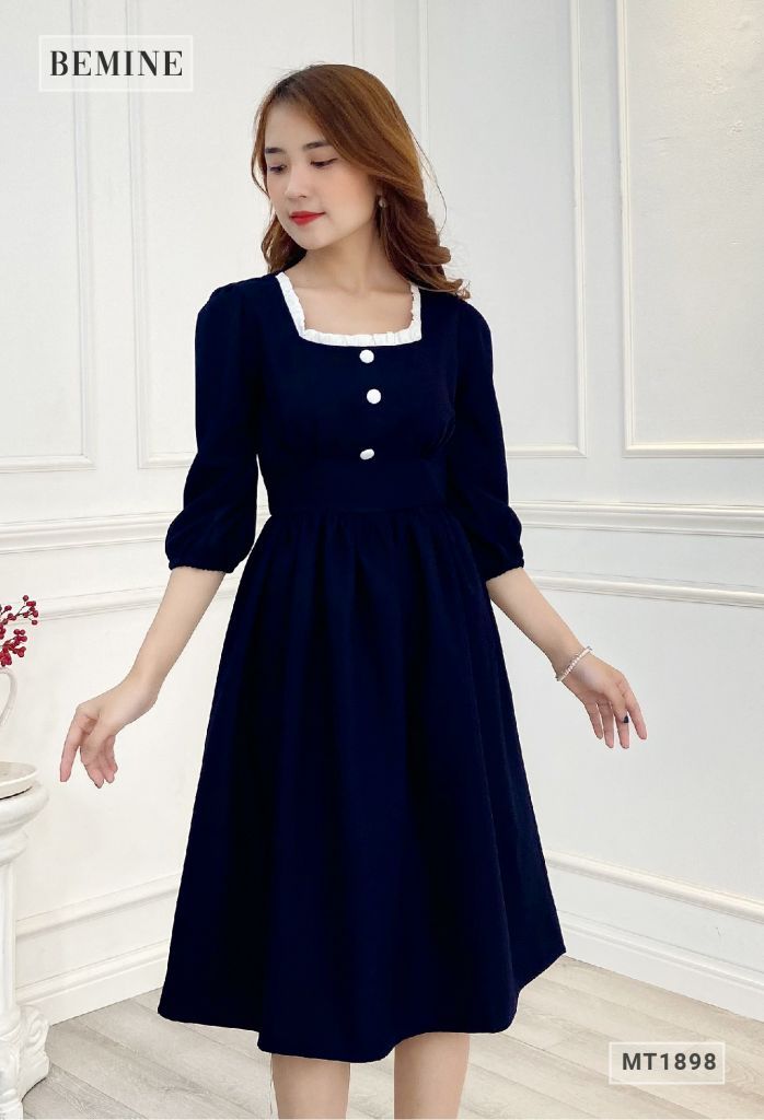MT1898XANHĐEN - Đầm công chúa phối cổ bèo