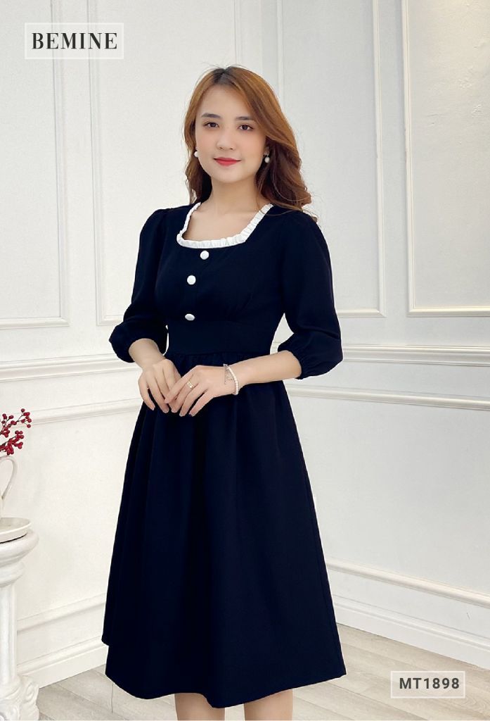 MT1898XANHĐEN - Đầm công chúa phối cổ bèo