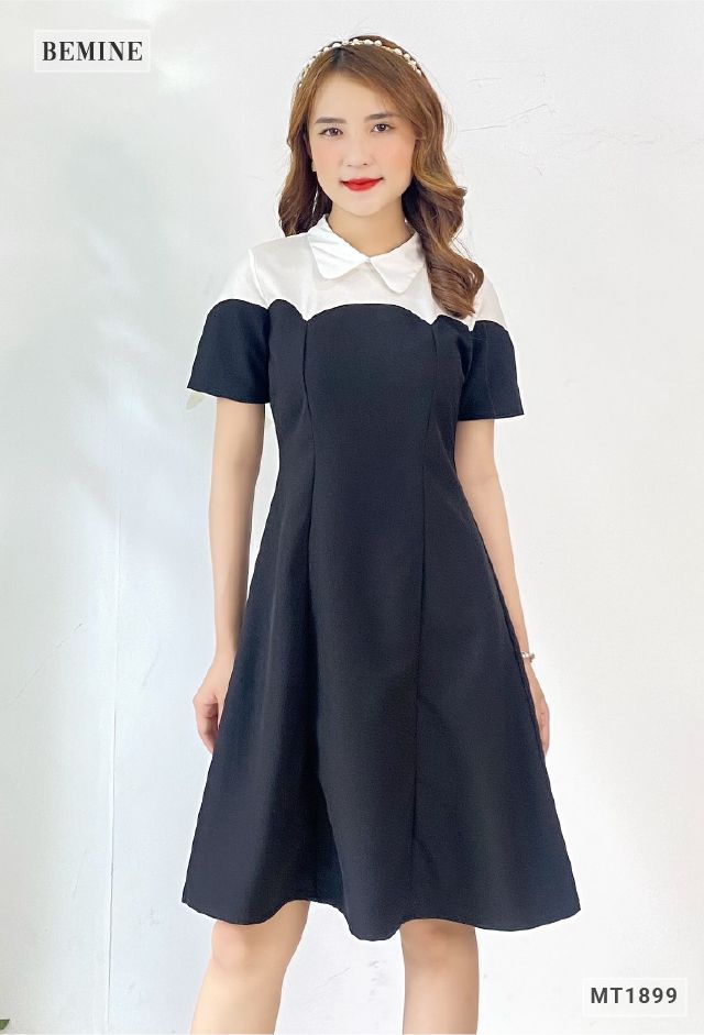 MT1899ĐEN - Đầm cổ sơ mi phối trắng