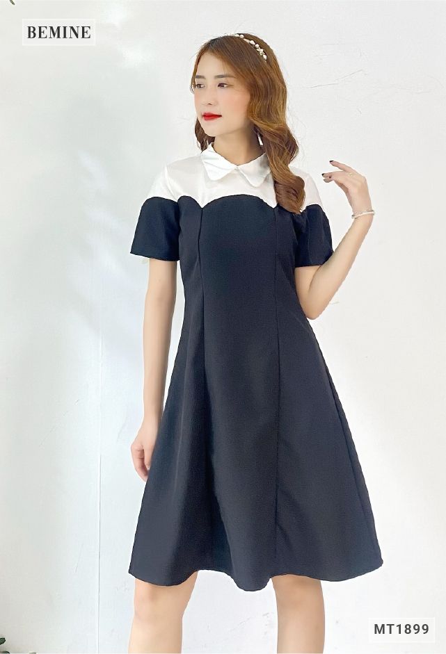 MT1899ĐEN - Đầm cổ sơ mi phối trắng
