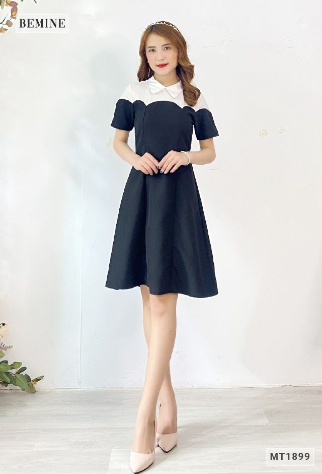 MT1899ĐEN - Đầm cổ sơ mi phối trắng