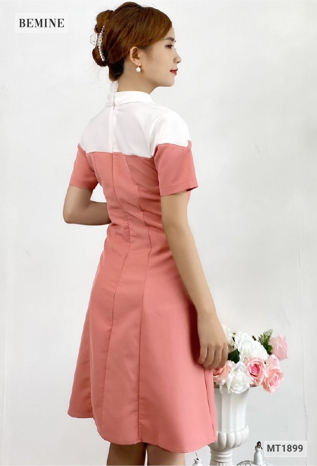 MT1899HONG - Đầm cổ sơ mi phối trắng