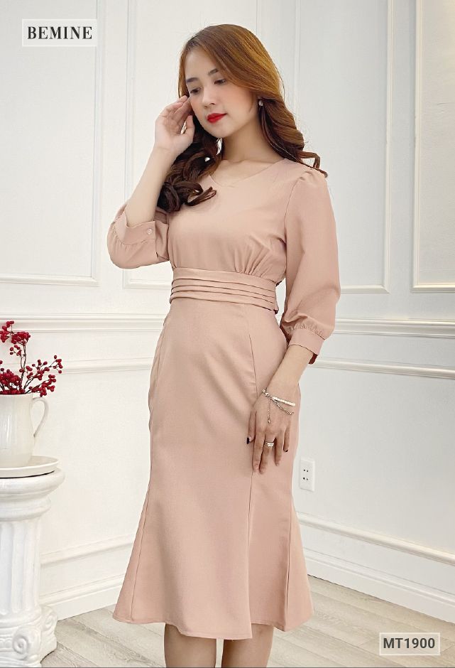MT1900NAU - Đầm tay lỡ đuôi cá cột eo