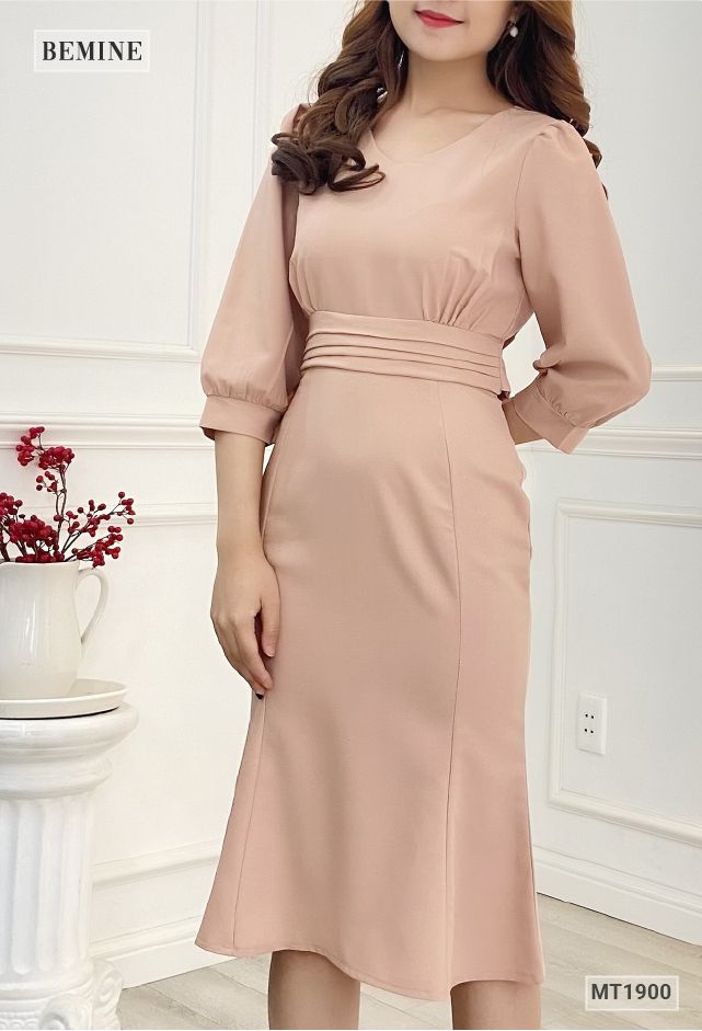 MT1900NAU - Đầm tay lỡ đuôi cá cột eo