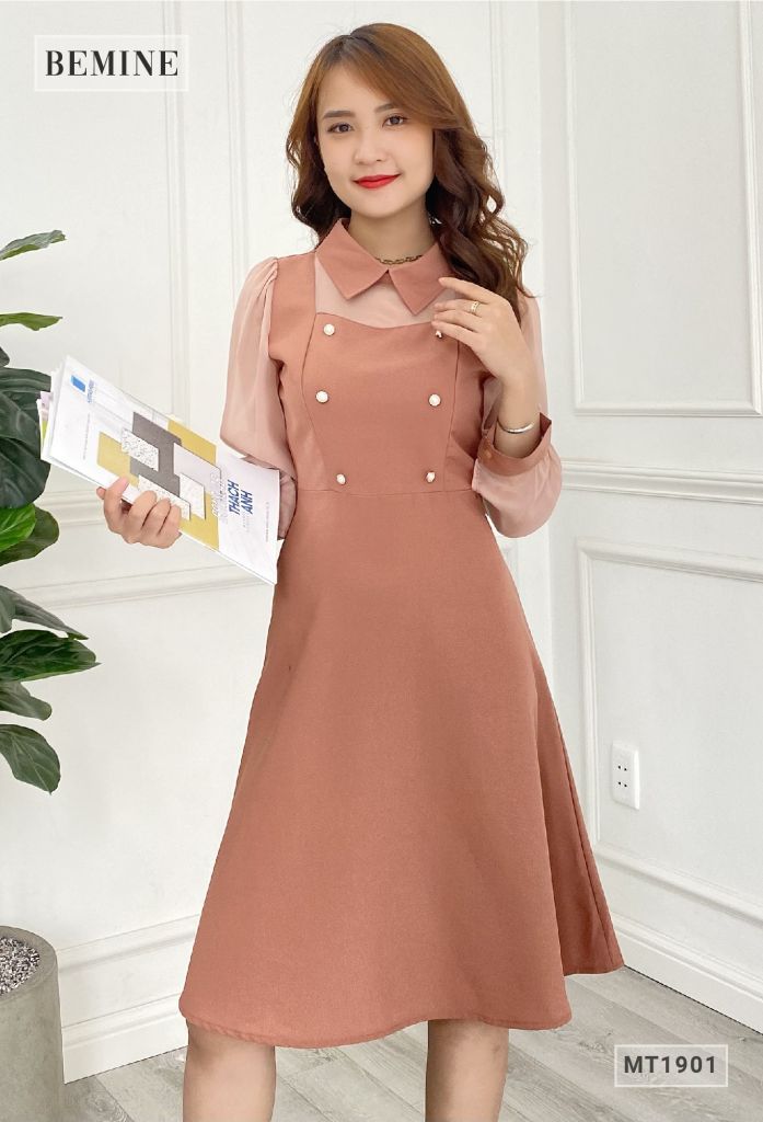 MT1901NAU - Đầm cổ sơ mi phối voan tay dài