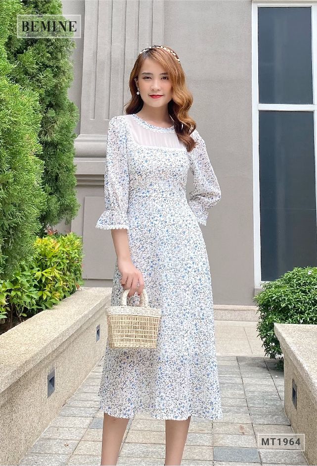 MT1964XANH - Đầm hoa tay dài ren cổ