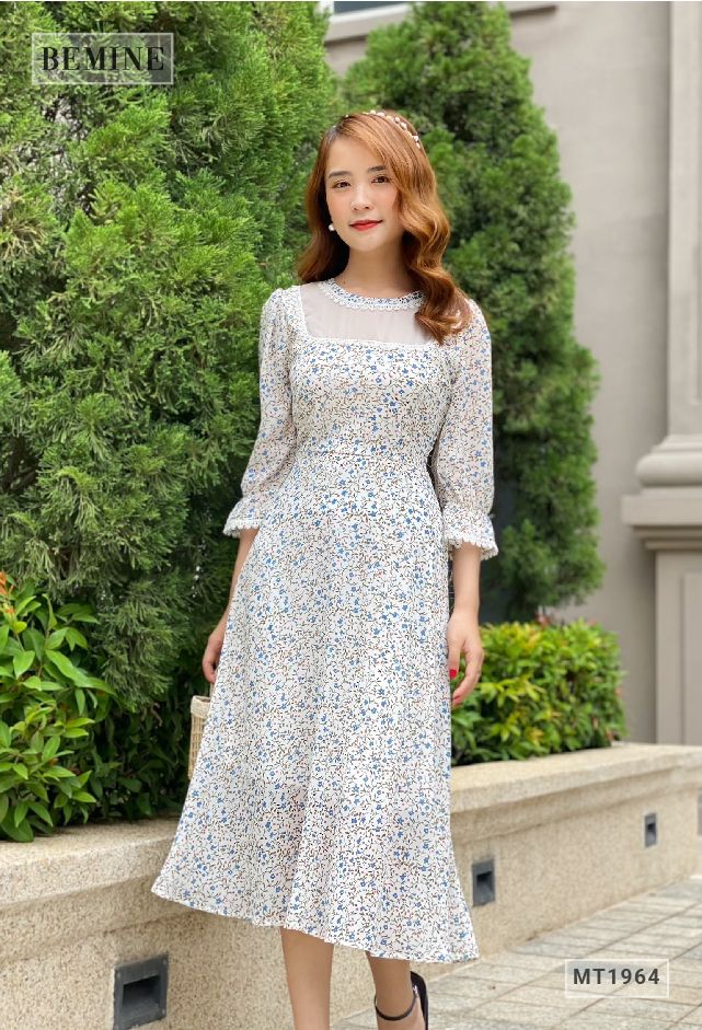 MT1964XANH - Đầm hoa tay dài ren cổ