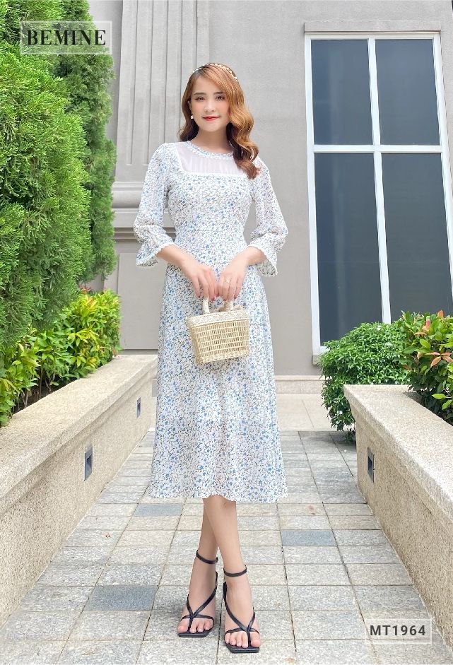 MT1964XANH - Đầm hoa tay dài ren cổ
