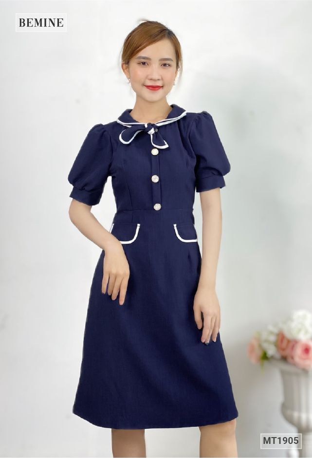MT1905XANHĐEN - Đầm cổ nơ 2 túi