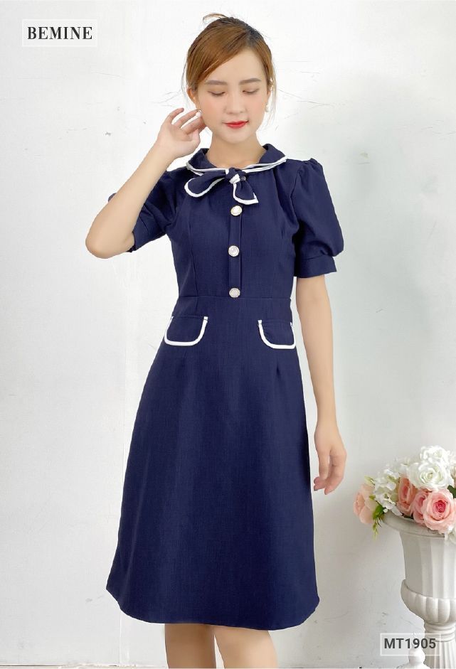 MT1905XANHĐEN - Đầm cổ nơ 2 túi