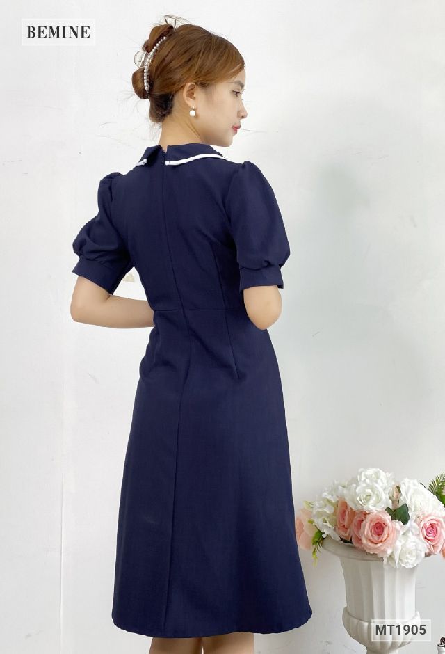 MT1905XANHĐEN - Đầm cổ nơ 2 túi