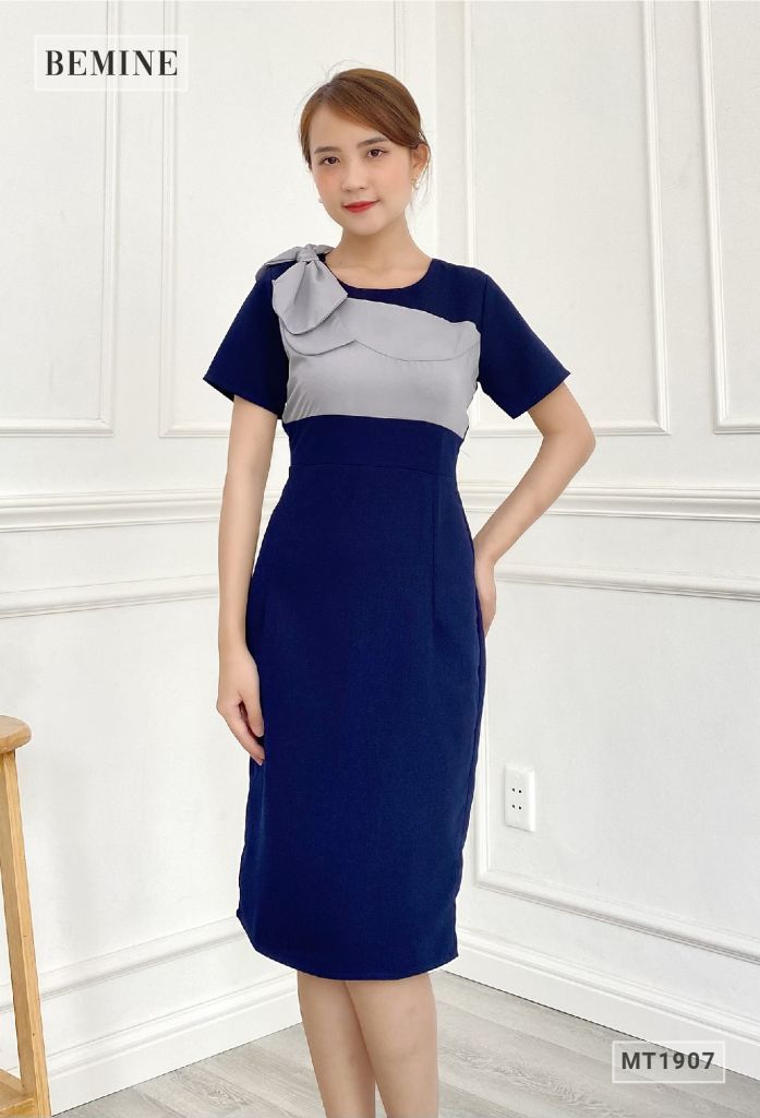 MT1907DEN - Đầm body phối nơ vai