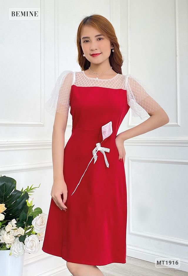MT1916ĐO - Đầm phối lưới hoa eo
