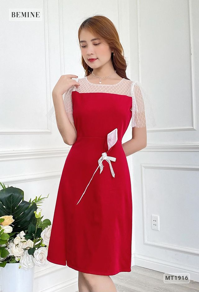 MT1916ĐO - Đầm phối lưới hoa eo