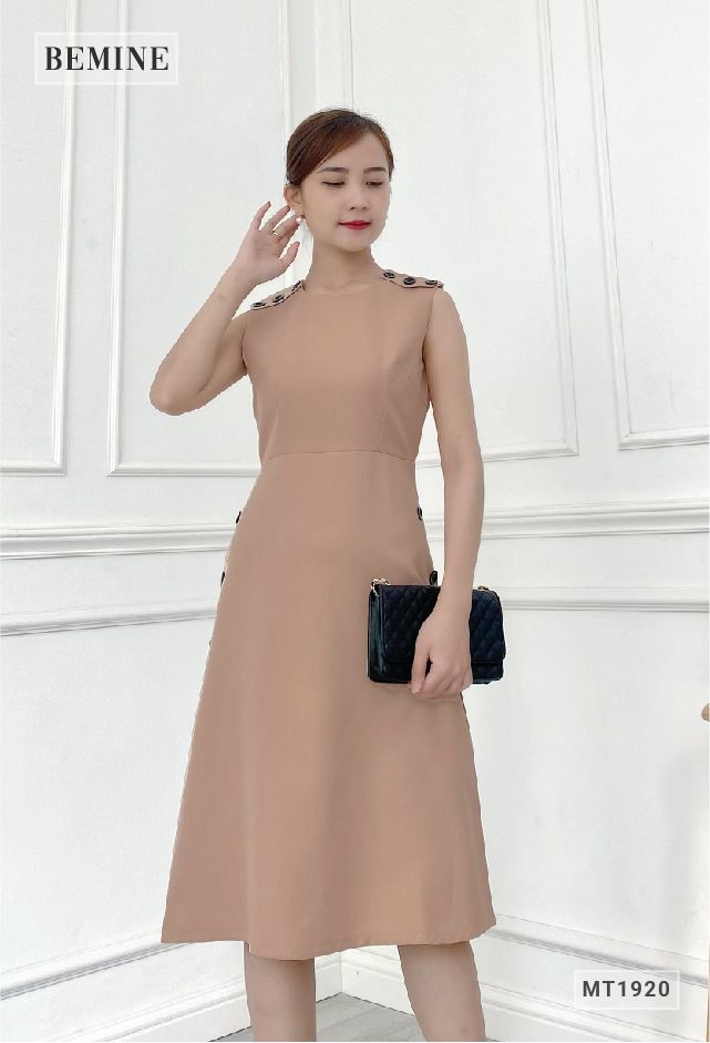MT1920KEM - Đầm tay cụt đính nút vai sườn