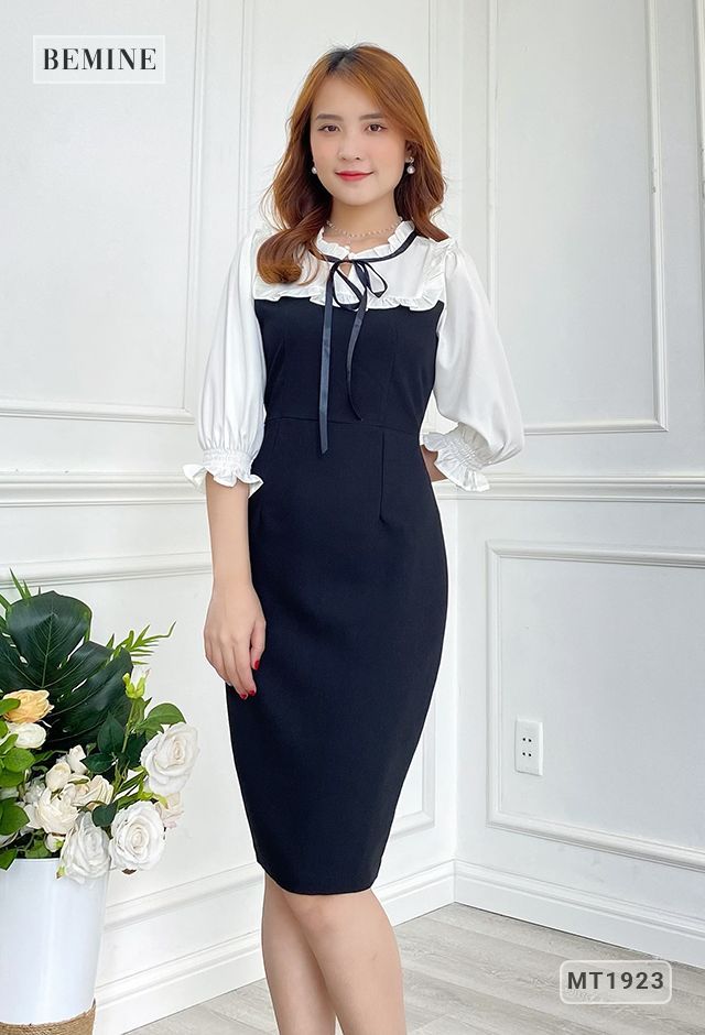 MT1923ĐEN - Đầm body phối trắng bèo ngực