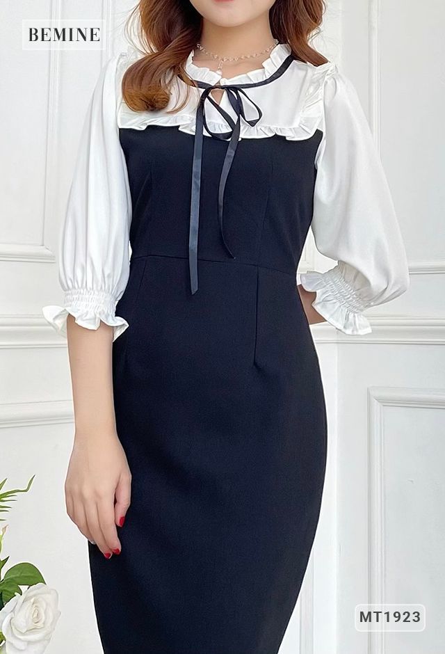 MT1923ĐEN - Đầm body phối trắng bèo ngực