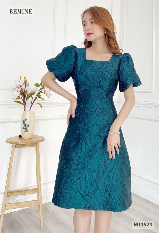 MT1924XANH - Đầm tapta tay bồng