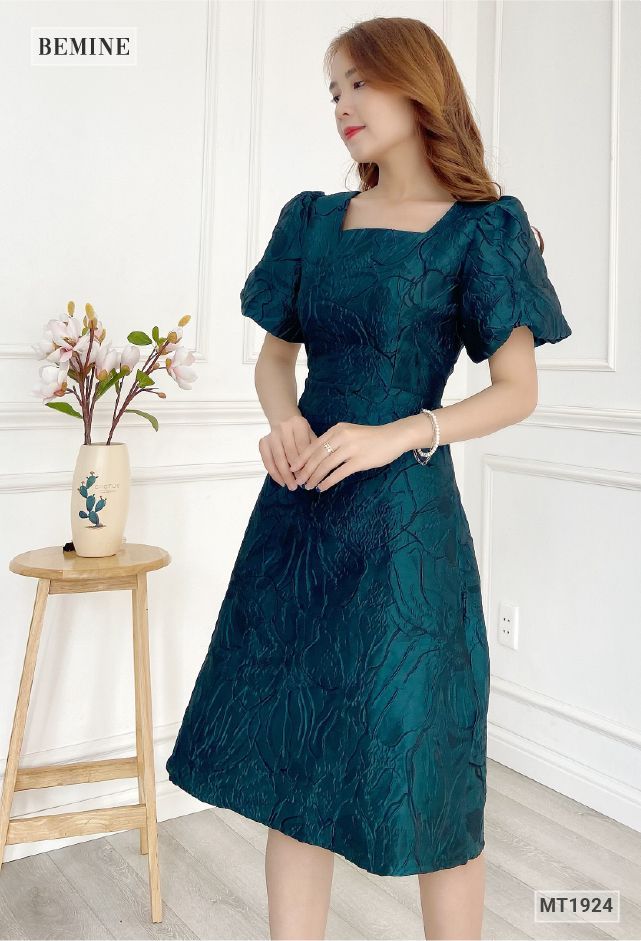MT1924XANH - Đầm tapta tay bồng