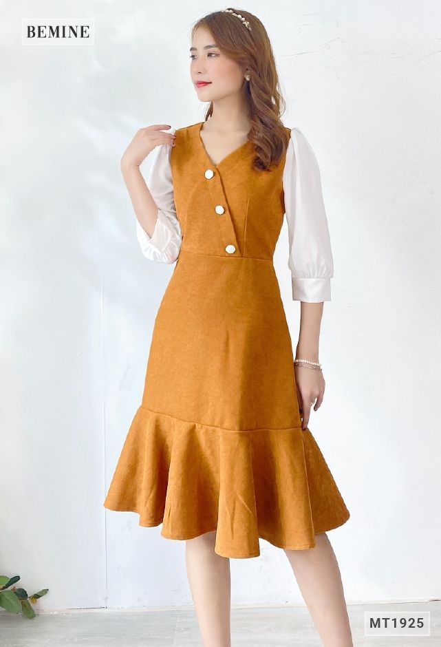 MT1925NAU - Đầm đuôi cá đắp chéo phối tay
