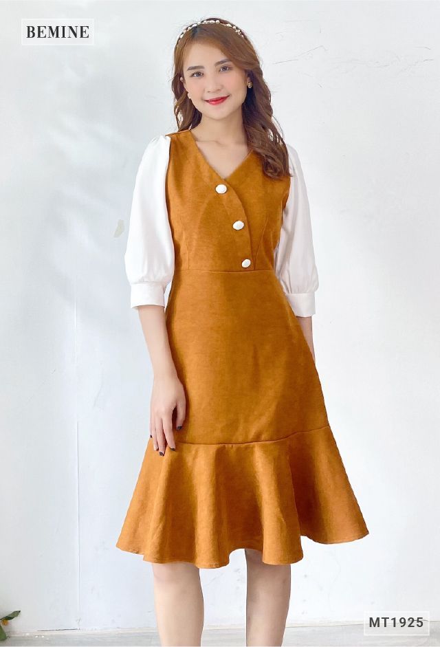 MT1925NAU - Đầm đuôi cá đắp chéo phối tay