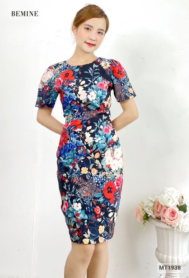 MT1938DEN - Đầm bông nhún eo cổ tròn