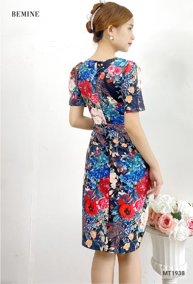 MT1938DEN - Đầm bông nhún eo cổ tròn