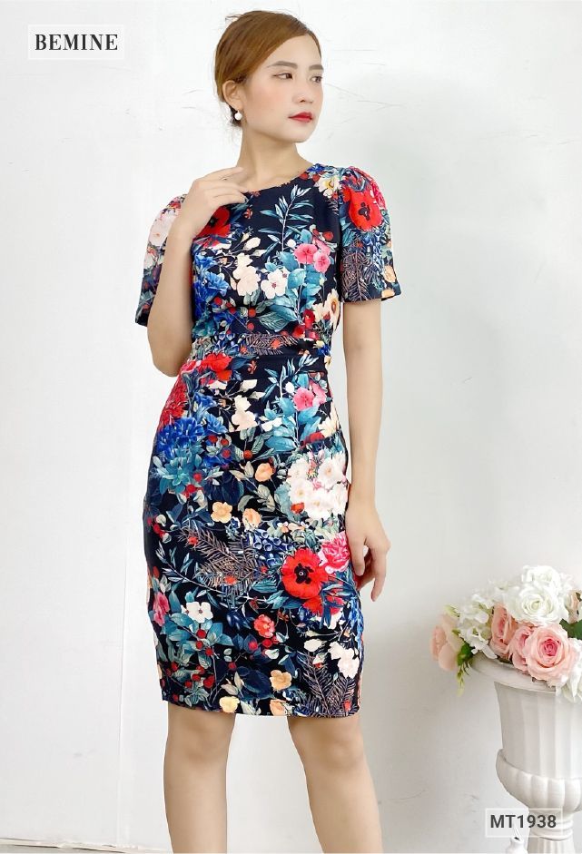 MT1938DEN - Đầm bông nhún eo cổ tròn