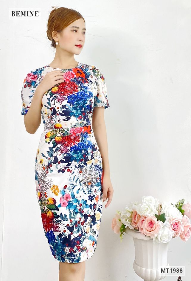 MT1938TRANG - Đầm bông nhún eo cổ tròn