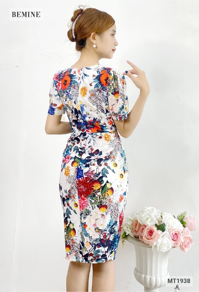 MT1938TRANG - Đầm bông nhún eo cổ tròn