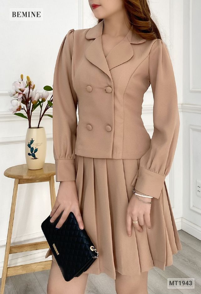 MT1943DA - Sét áo vest váy xếp ly
